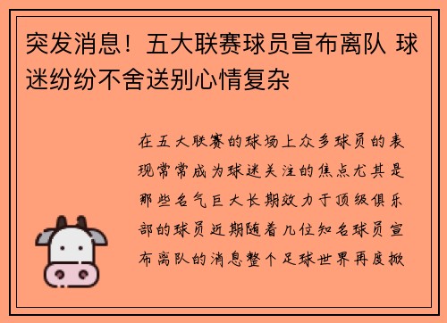 突发消息!五大联赛球员宣布离队 球迷纷纷不舍送别心情复杂 突发消息!五大联赛球员宣布离队 球迷纷纷不舍送别心情复杂
