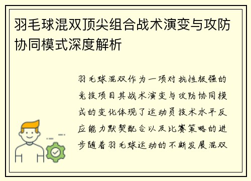 羽毛球混双顶尖组合战术演变与攻防协同模式深度解析